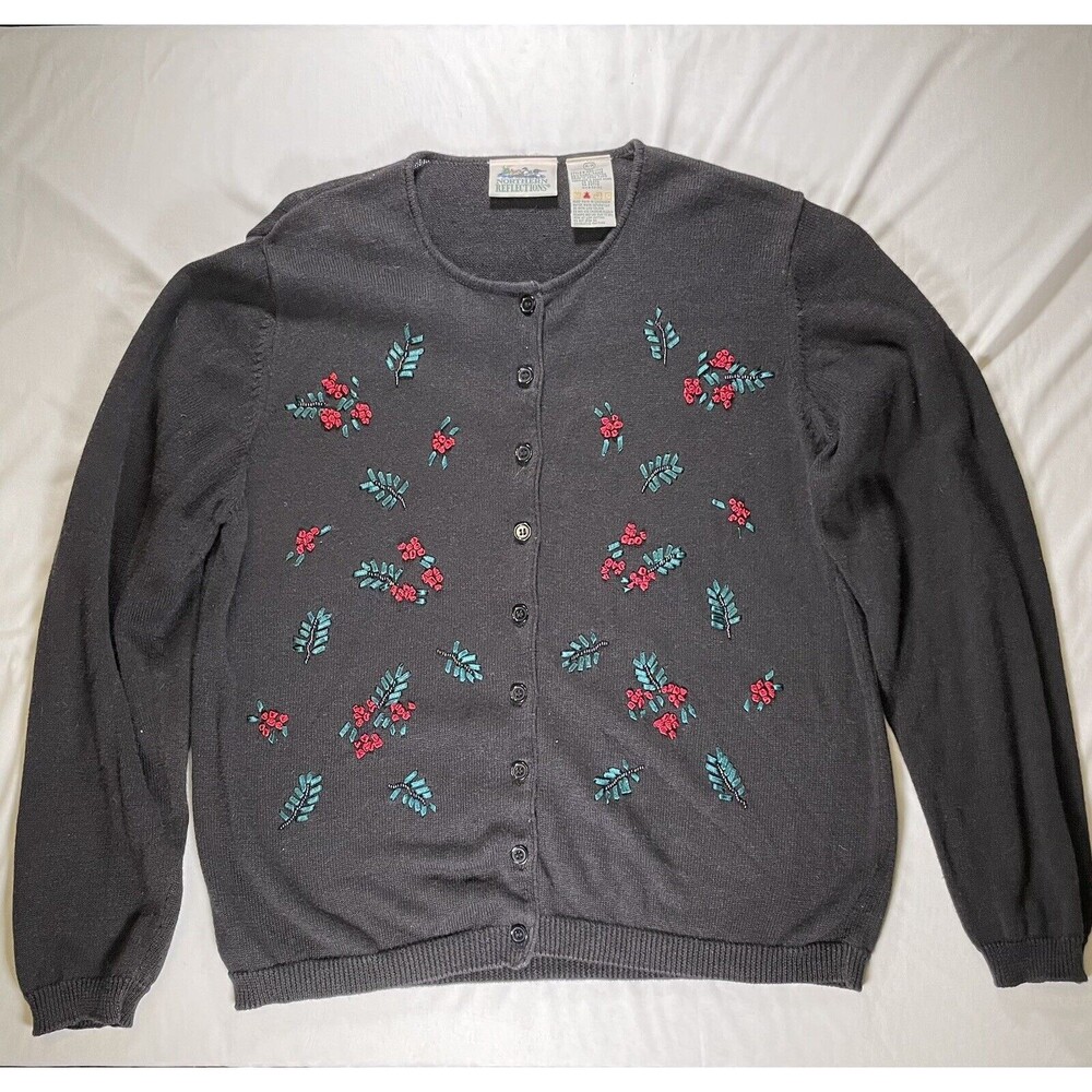 Northern Reflection Sweater Size M black floral embroidered vintage Cardigan